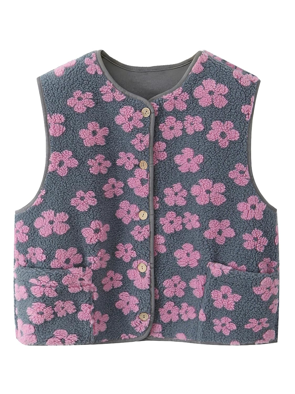 Womens Floral Sherpa Vest Sleeveless Gilet Button-Front Waistcoat O-Neck Side Pockets for Fall Winter Casual
