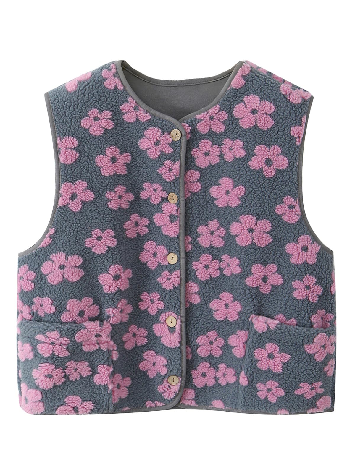 Womens Floral Sherpa Vest Sleeveless Gilet Button-Front Waistcoat O-Neck Side Pockets for Fall Winter Casual