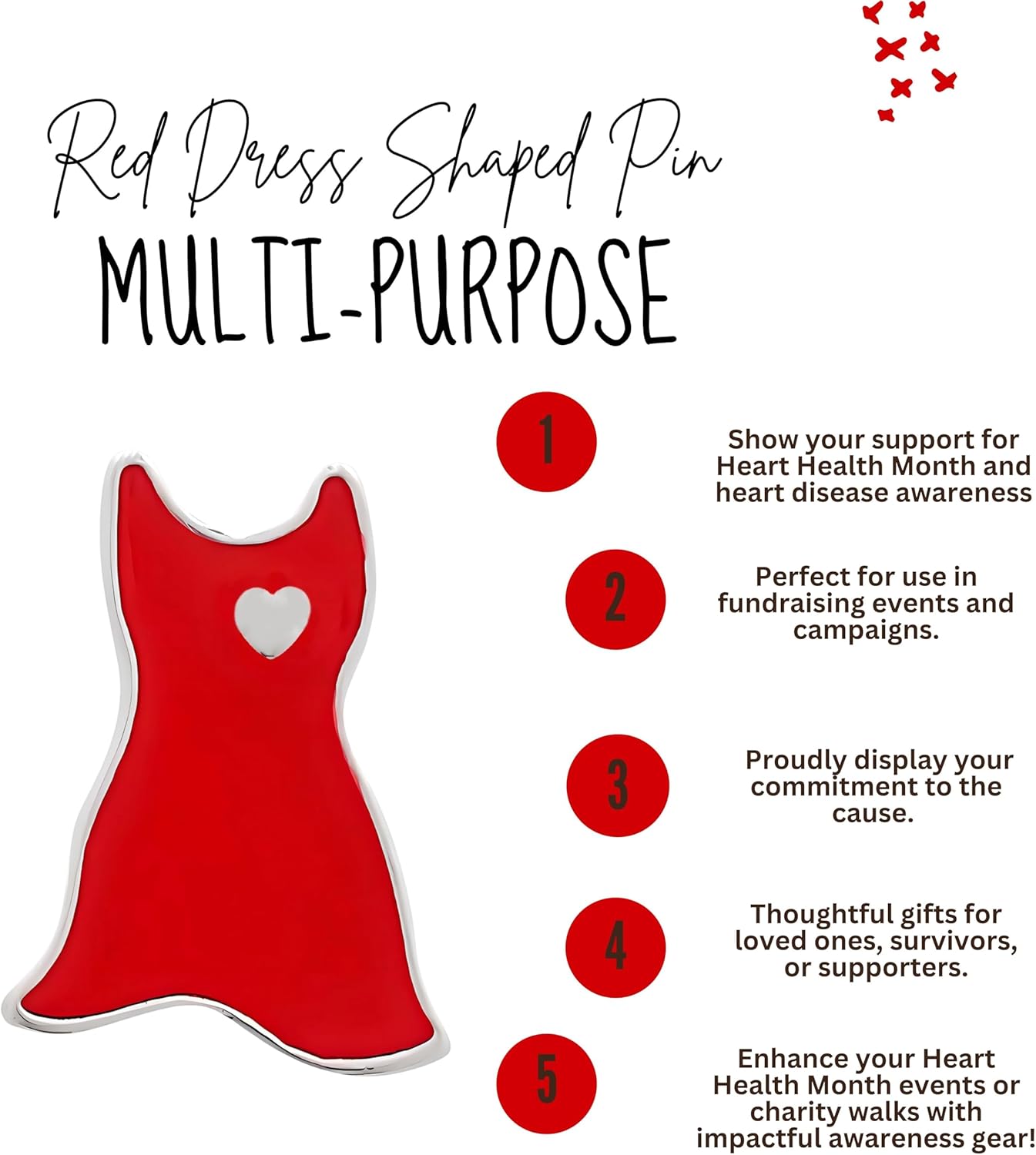 1/2/5/25/50/100/500pcs Red Heart and Dress Sterling Silver Plated pin - Heart Condition - Support Heart Health - red Brooch - Great for Fundraising and Gift-Giving - Image 2