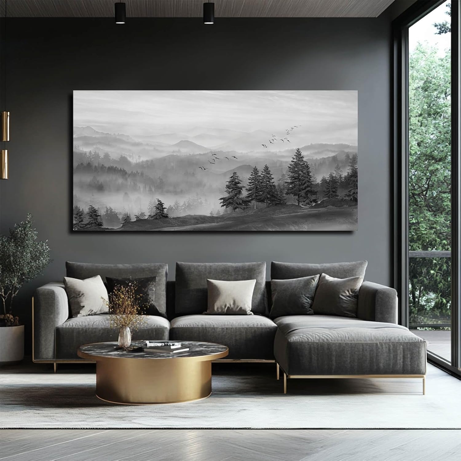 souguan grey wall decor foggy mountain wall art tree and bird pictures artwork for walls living room for bedroom kitchen dining room home office 30x60 inch 29"x58" black forest