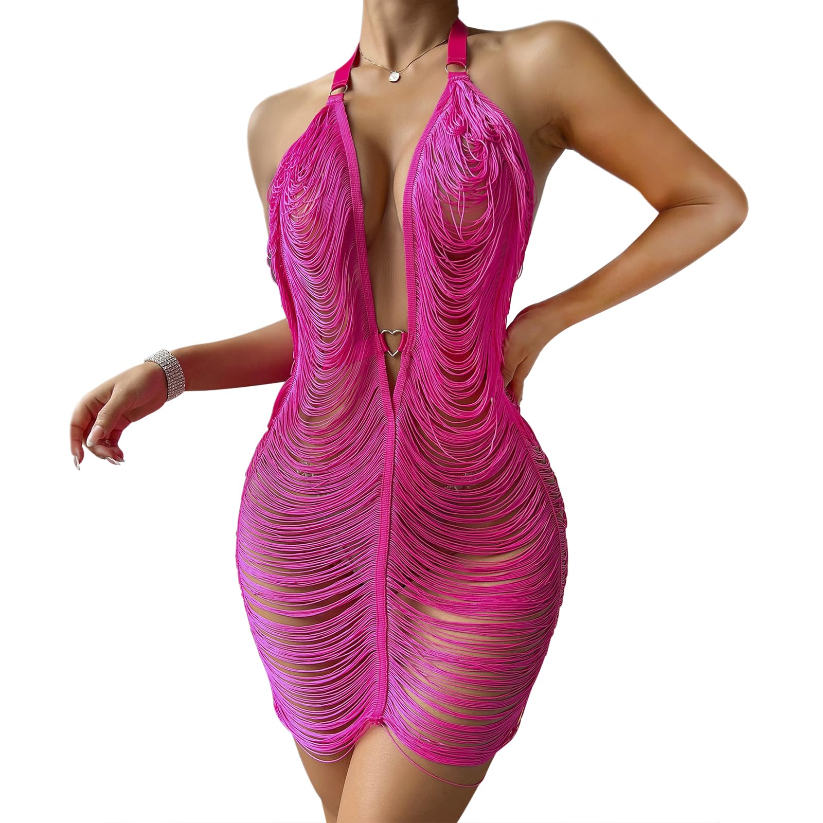 YluckyWomen Sexy Halter See Through Dress Beach Swimsuit Cover Up Swimwear Sheer Tassel Dress Nightclub Bodycon Skirt