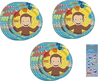 Unique Curious George Birthday Party Supplies Bundle includes 24 Lunch Paper Plates and 1 Dinosaur Sticker Sheet