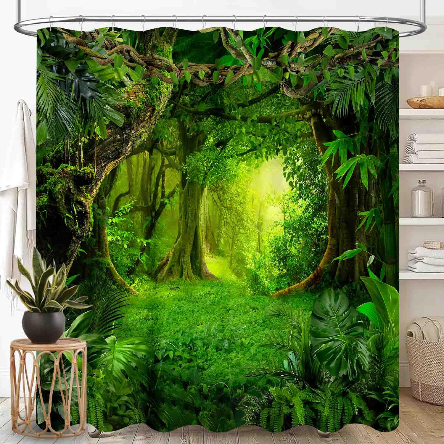 TKUYO Forest Shower Curtains, Green Jungle Nature Enchanted Forest Mountain Landscape Scenery Woodland Tree Waterproof Fabric Bathroom Shower Curtain