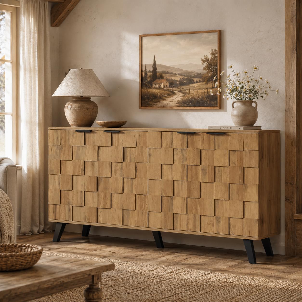160 cm Aparadores para Salon con 2 Puertas, Aparador Cocina con Encimera, Armario de Almacenamiento para Salón Pasillo Cocina Sala, Color Natural, 160.5x35.5x78cm