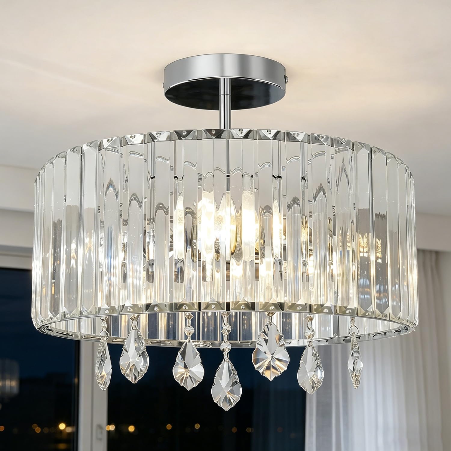 ANWIO Lampadari Cristallo Argento, Plafoniere Soggiorno Argento con 3 Luci, Lampadario a Sospensione Moderno E27, Plafoniere Vetro Per Camera da Letto, Ristorante, 36.5 CM (Senza Lampadine) Kitchen