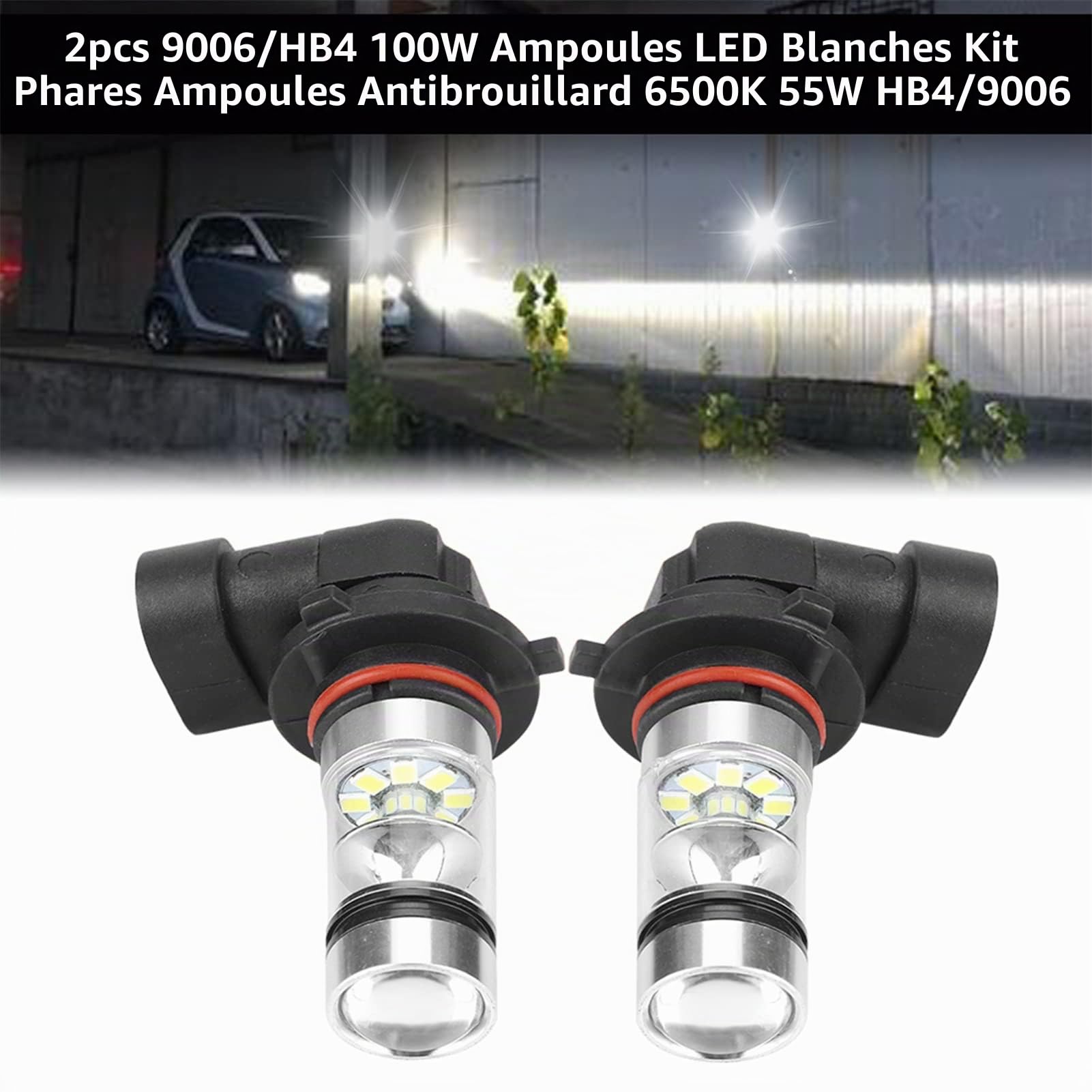 Yctze 2pcs Ampoules LED Blanches Haute Luminosité 9006/HB4 100 W pour Phares Antibrouillard pour éclairage Enti Brouillard Feu pour led HB4 Anti erreur Ampoules Antibrouillard de Voiture