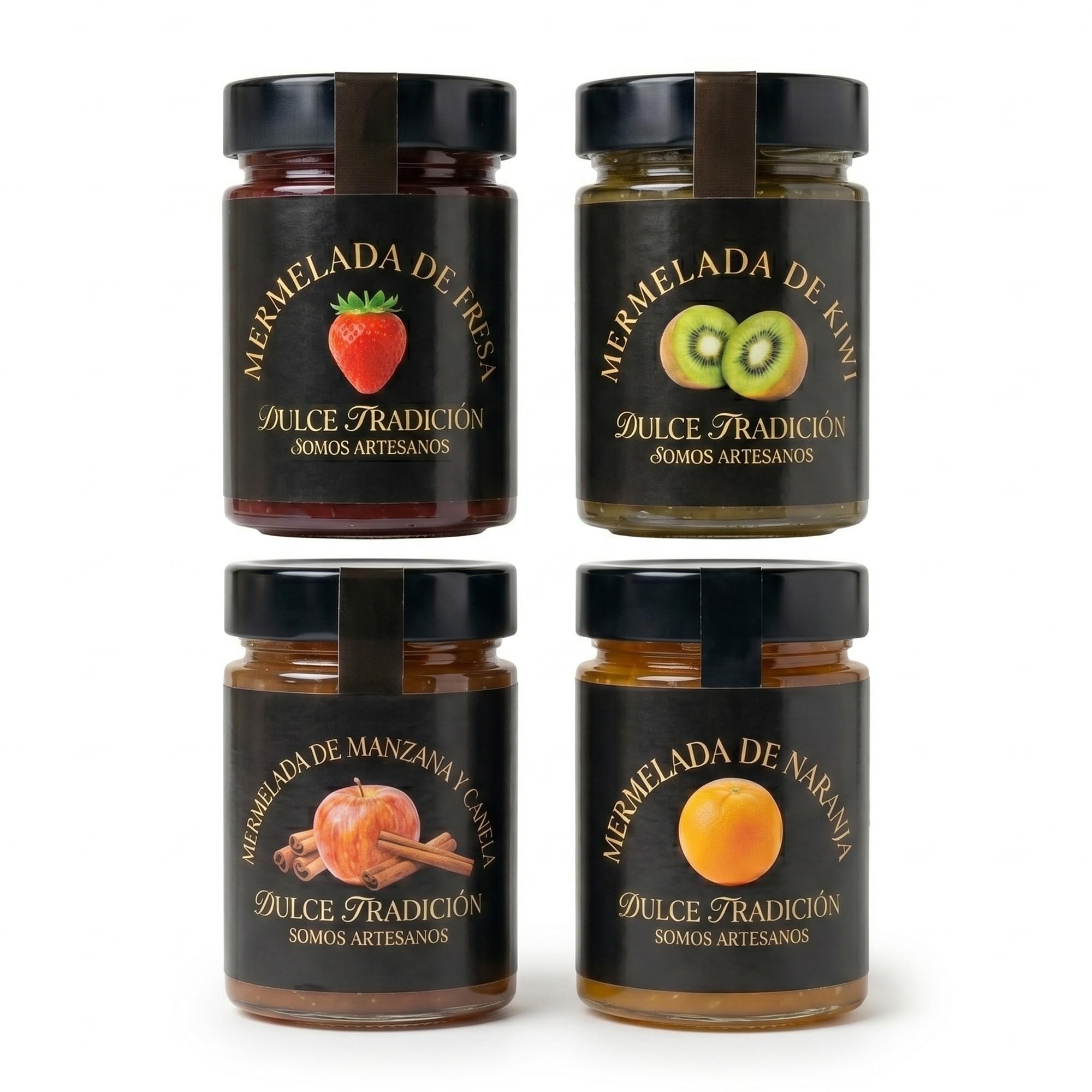 Confiture Dulce Tradición. Fabrication artisanale. Lot de 4 pots de 390 gr. Pomme et cannelle, orange, kiwi et fraise. 63% de fruits frais de saison. Sans conservateurs ni colorants.
