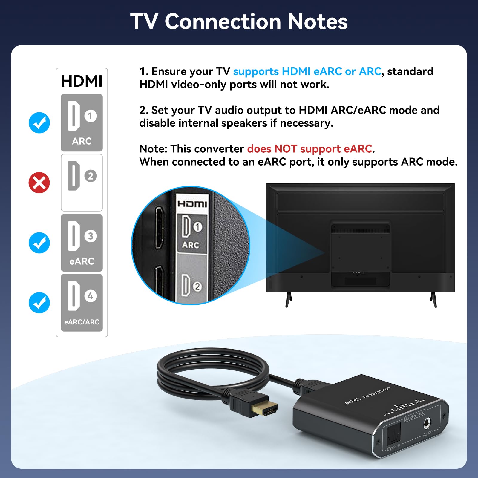Extractor de audio HDMI ARC de 192 KHz, solo funciona para HDTV ARC a convertidor de audio óptico/RCA RCA a 3,5 mm AUX+Toslink, adecuado para barra de sonido, altavoz, auriculares