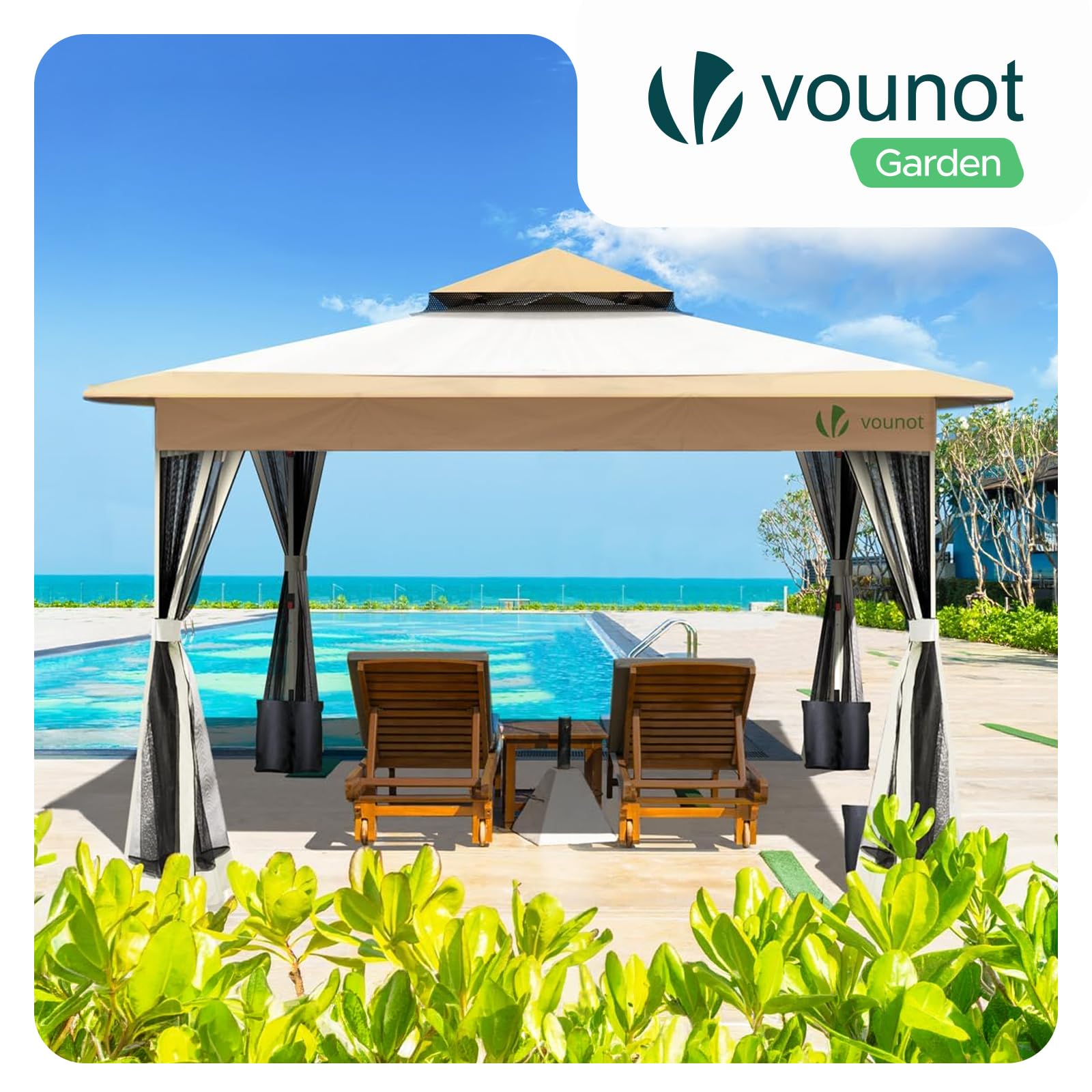 VOUNOT® Pavillon Faltbar 3,6x3,6m, Pop Up Partyzelt mit Mesh Sides & Doppeldach, Faltpavillon Stabil mit Bein Gewichte & Roller Bag, Gartenpavillon Gartenzelt Beige