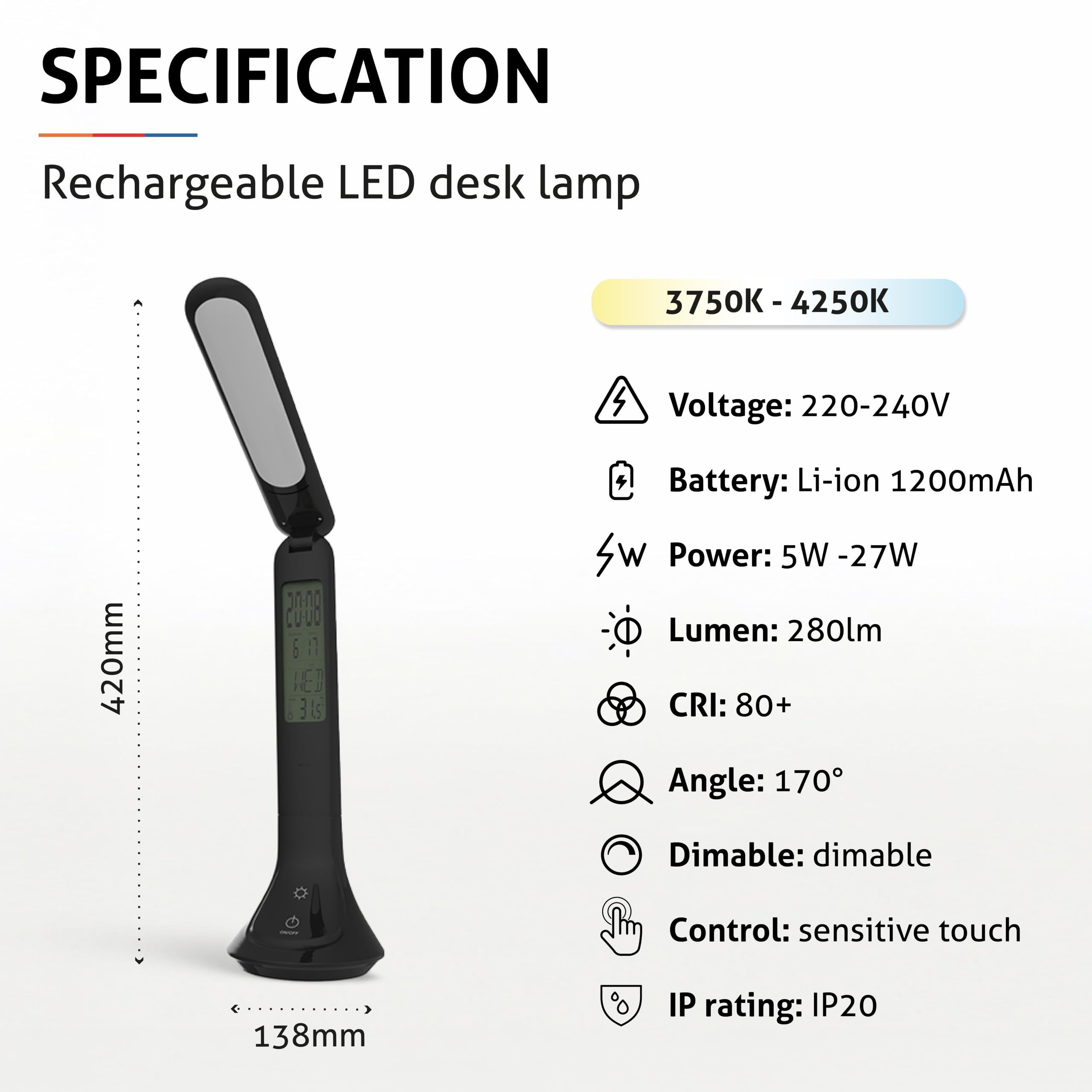 Calendar - Lampada da scrivania a LED, 5 W, classe di efficienza energetica A+ | Lampada da tavolo dimmerabile a 3 livelli con display LCD per ora, data e temperatura (nero)