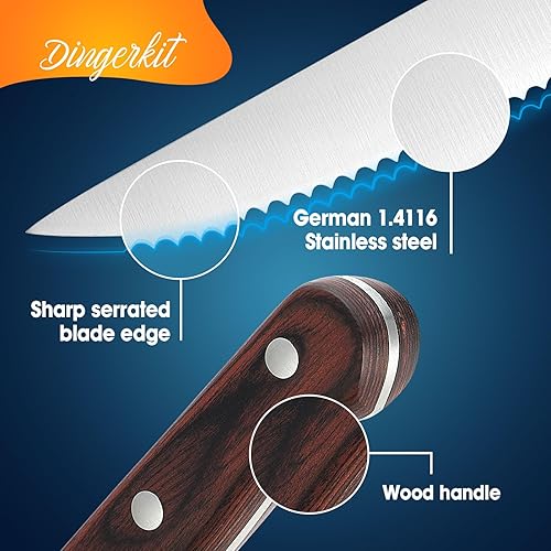 Miniatura 2 de Juego de 6 cuchillos para carne, juego de cuchillos alemanes de acero inoxidable con mango de madera de Pakkawood, cuchillos dentados profesionales
