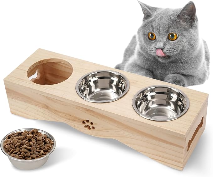 Futternapf Katze, Katzennapf 3er Set, Erhöhte Futterstation mit Edelstahl Schale