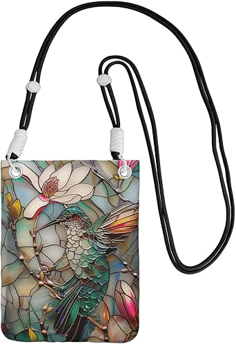 Cell Phone Crossbody Bag for Girl Women, Black Strap, Polyester Material, Adjustable and Detachable Shoulder Strap 3D Stained Flower Green Hummingbird Pattern