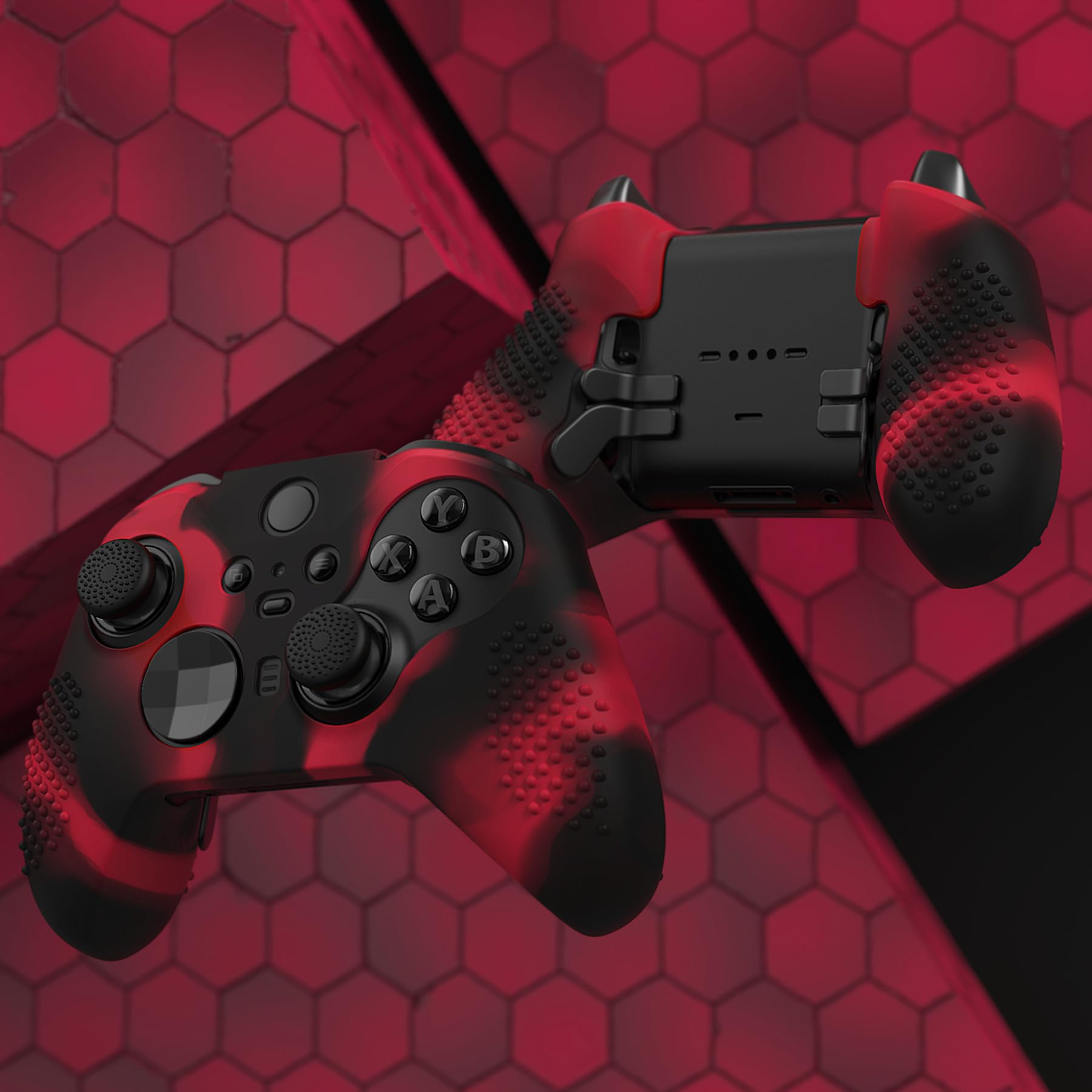 eXtremeRate PlayVital Funda de Silicona para Xbox One Elite Protector Antideslizante Suave Piel Cubierta Skin Case para Nuevo Xbox One Elite Controller Serie 2 con Tapas de Joyticks(Rojo & Negro)