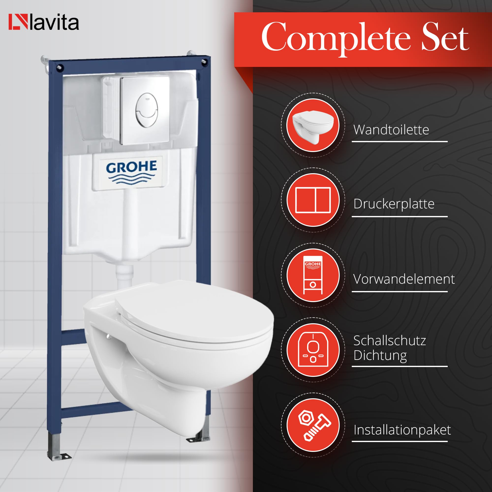 LAVITA Vorwandelement Solido Start + Wand Hänge WC Arctic Weiß Spülrandlos + WC-Sitz SoftClose Verchromter Knopf Komplettset Unterputz Spülkasten Toilette Komplett Sett WC