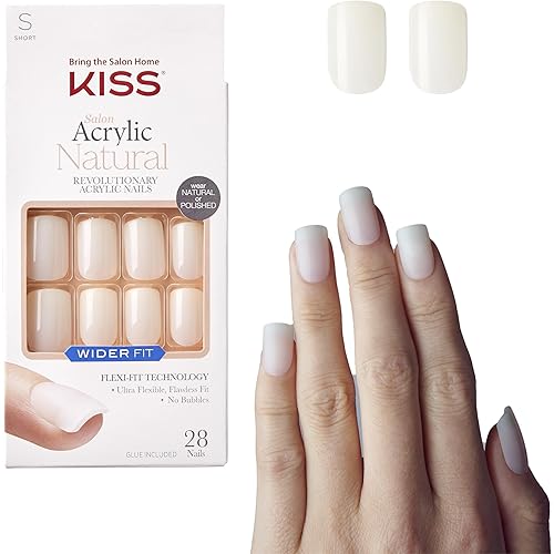 KISS Salon Acrylic Wider Fit Natural Fake Nails, ‘Rare’, 28 Acrylic-Infused, Bubble-Free, Flexible, Durable, False Glue-On Nails