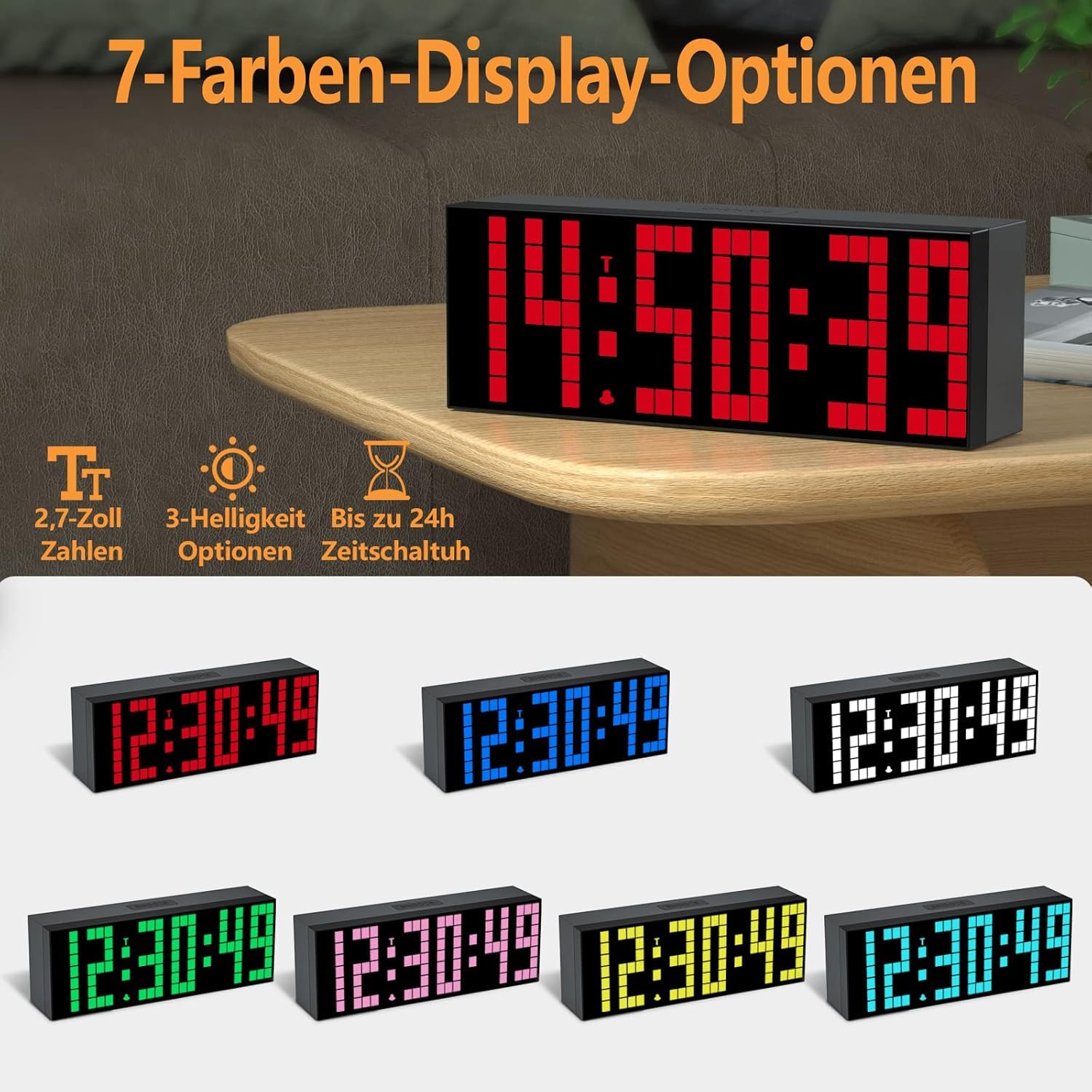 CHKOSDA Digitaler Wecker, Led-Uhr mit 2" Digital, 7 Farboptionen, einstellbare Helligkeit, Countdown-Uhr mit Fernbedienung, Kalender und Temperaturanzeige Tischuhr für Schlafzimmer