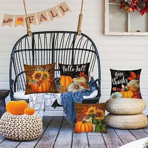 Miniatura 6 de YeeJu Juego de 4 fundas de almohada de otoño de 26 x 26 pulgadas, fundas de almohada de calabaza de Acción de Gracias, color naranja y negro, fundas