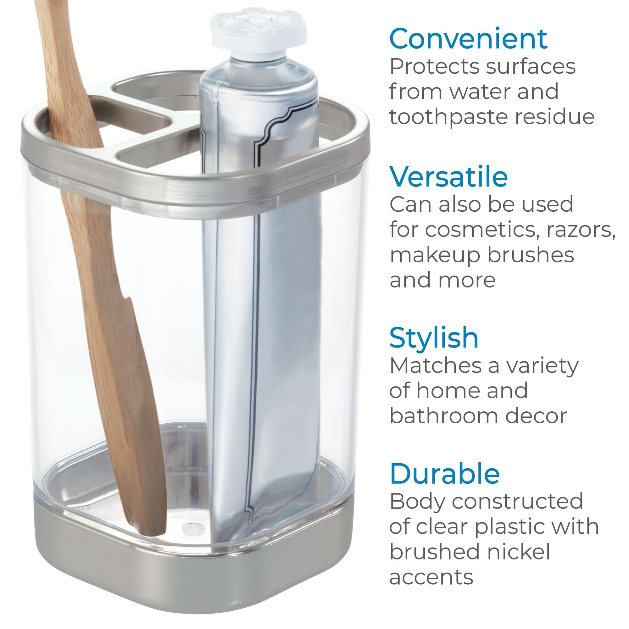 iDesign Plastic Toothbrush Three Divided Compartments Holder, Clear/Brushed Nickel
