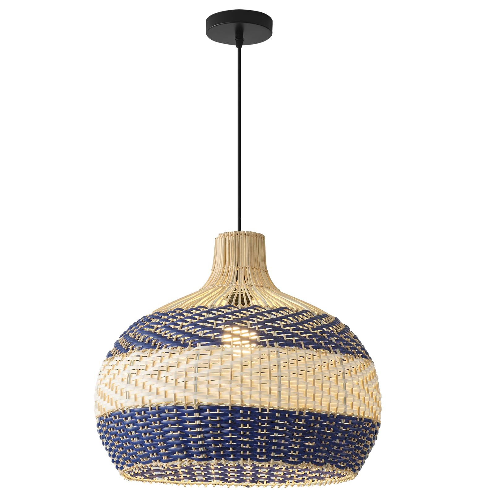 3-Light Rattan Pendant Light 15" Hand-Woven Blue White Wicker Basket Chandelier1-Pack Boho Faux Rattan Hanging Light,for Living Room Bedroom Kitchen Hallway Dining Farmhouse