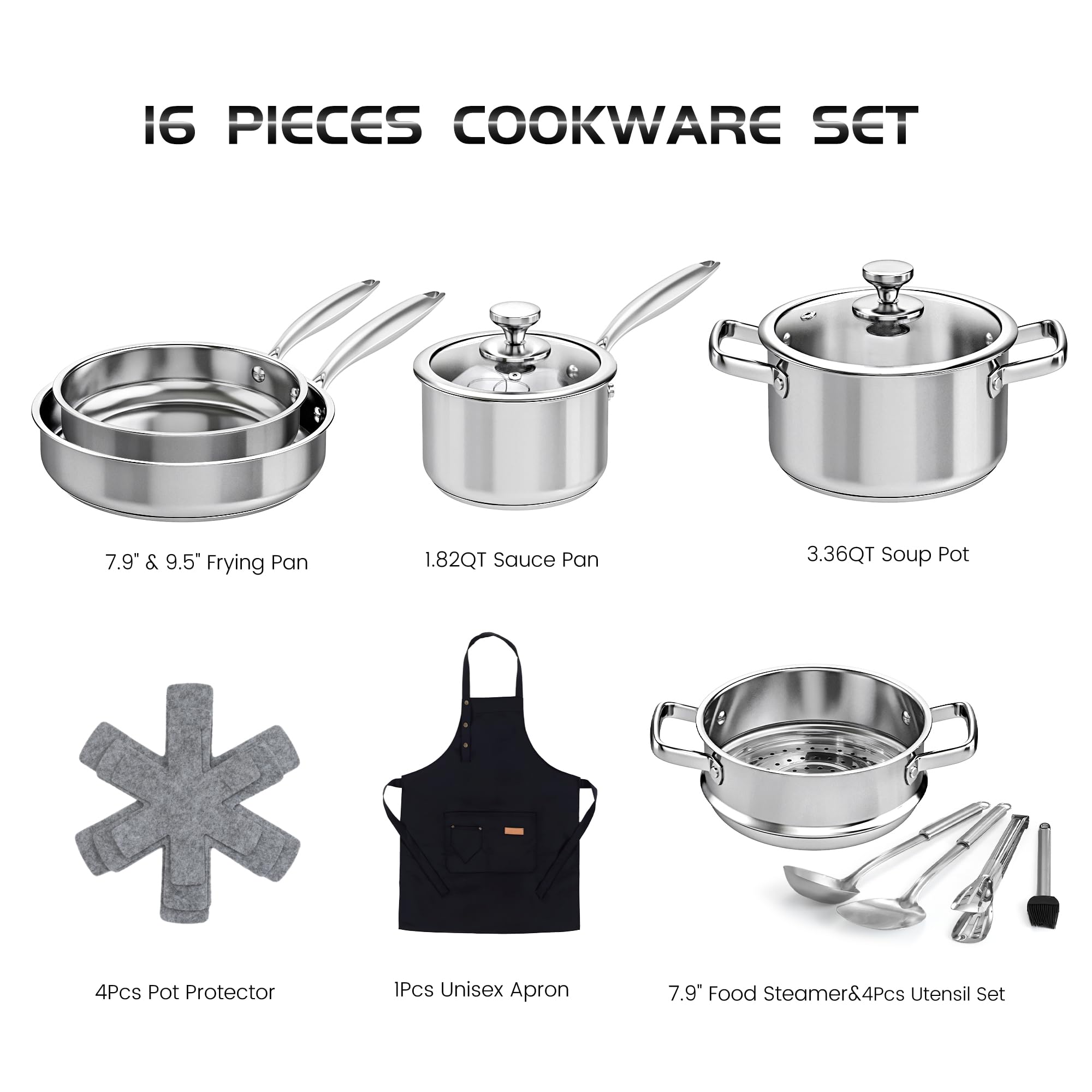 Lot De 12 Pièces Batterie De Cuisine Inox Avec Cuiseur Vapeur Et Cuillère – Induction Tous Feux – Qualité Pro Argentée