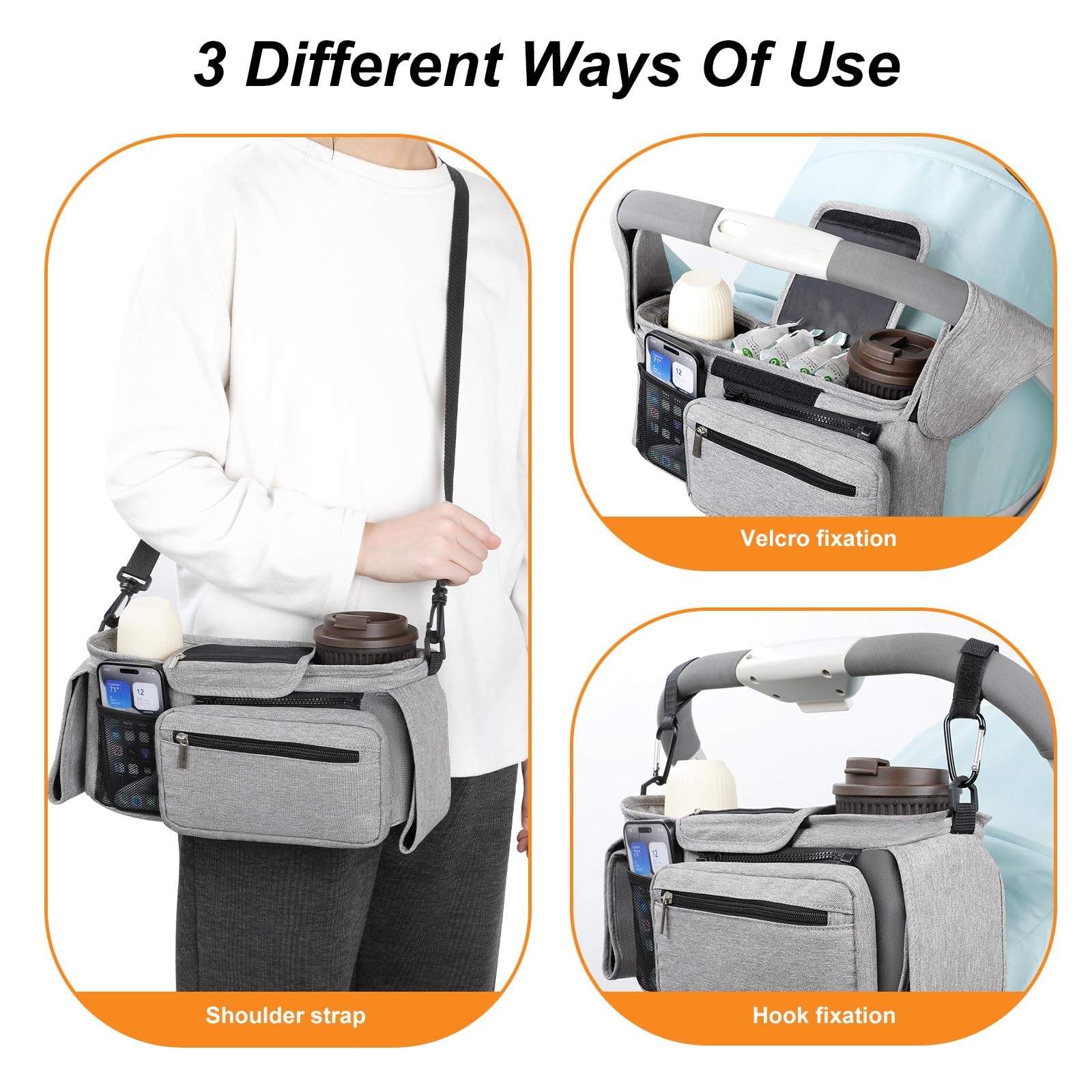 AiQInu Borsa Passeggino Borsa Organizer con Portabicchieri Isolati Tracolla,Impermeabile Borsa per Passeggino Universale con gancio per passeggino, con velcro