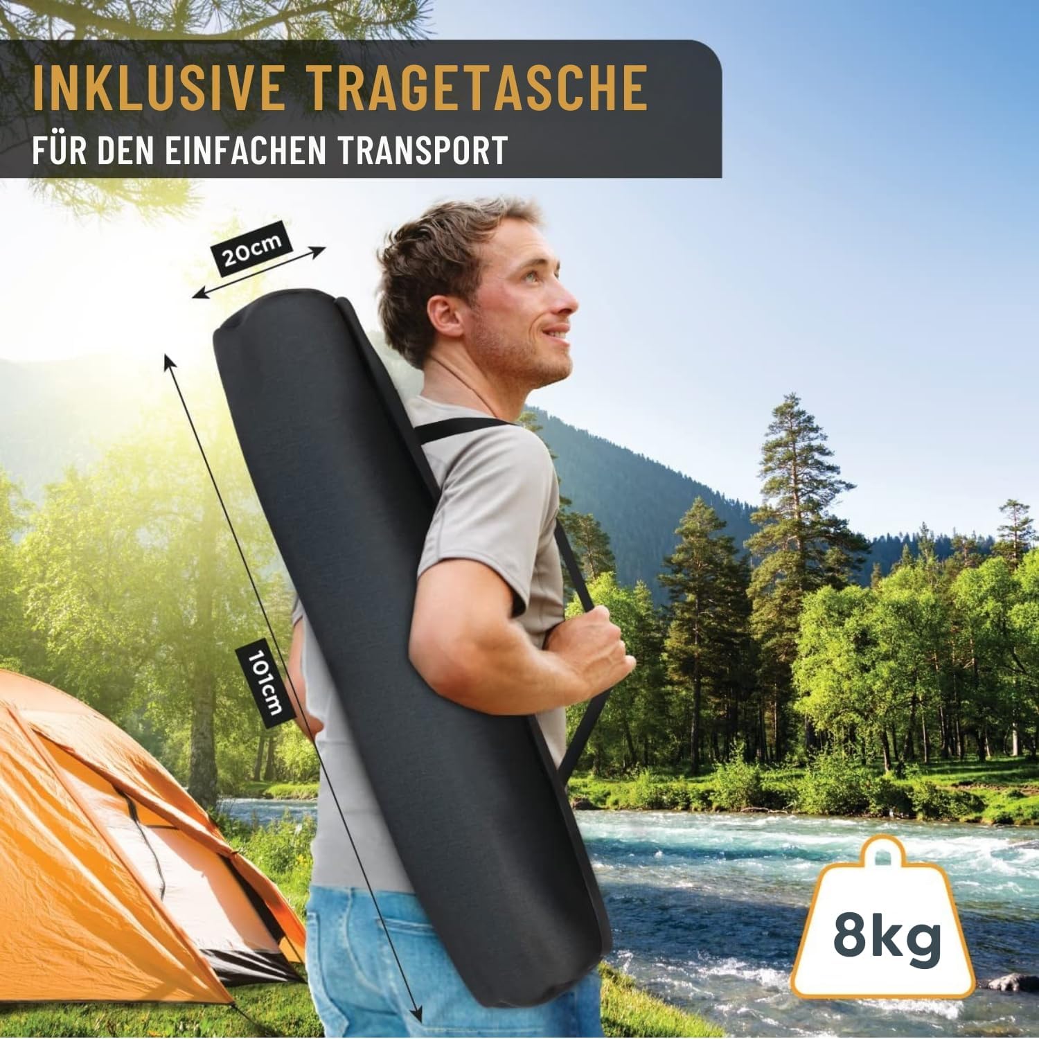 Kronenburg Feldbett XXL, Campingbett 210 cm x 72 cm x 45 cm – Belastbarkeit bis 200 kg - Stahlrohr verstärkt - in Schwarz