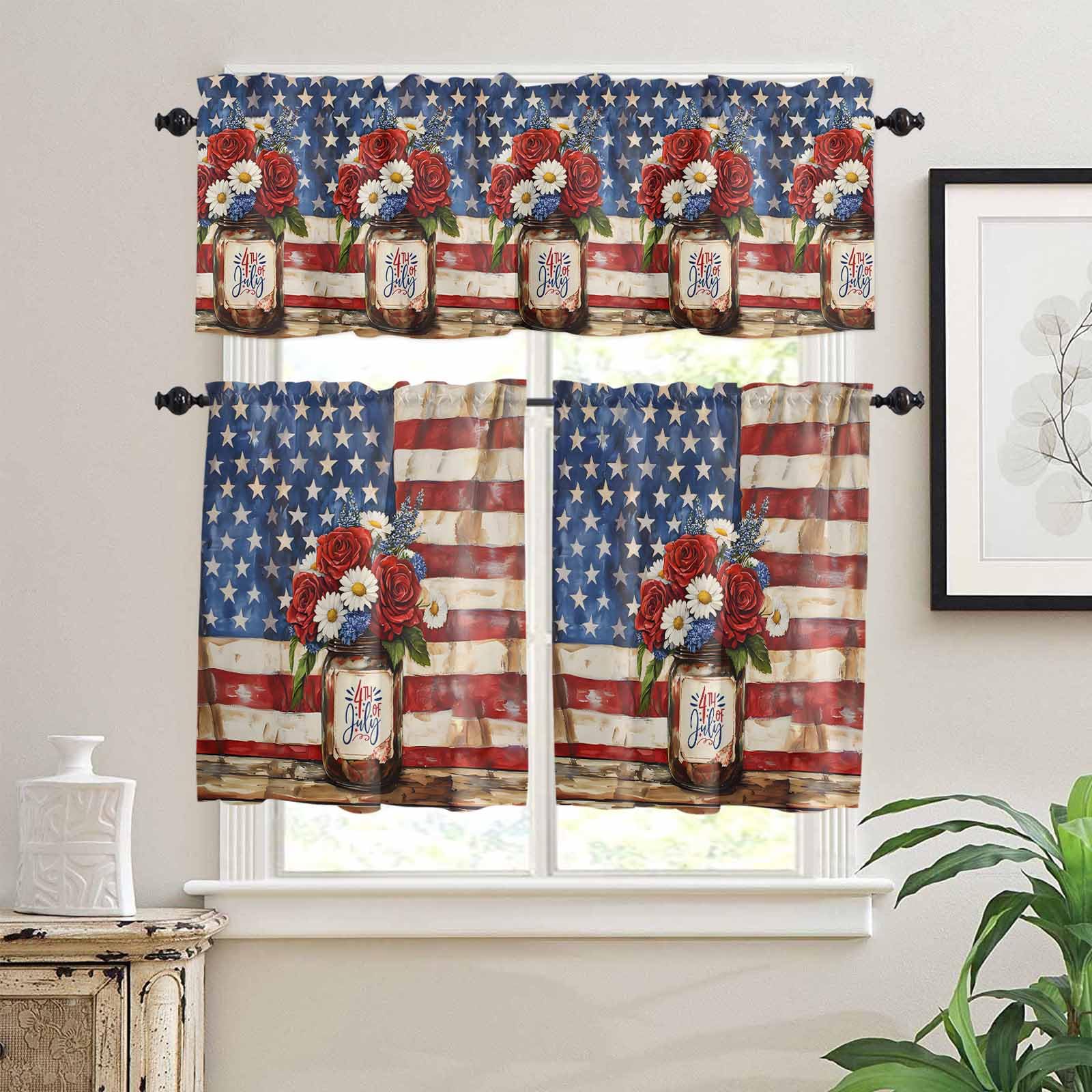 4th of July Kitchen Curtains 36 Inch Length, 3 Piece Rod Pocket Small Half Tiers and Valance Set, Independence Day Floral American Flag Small Large Window Treatment Decor for Bedroom/Bathroom Sink