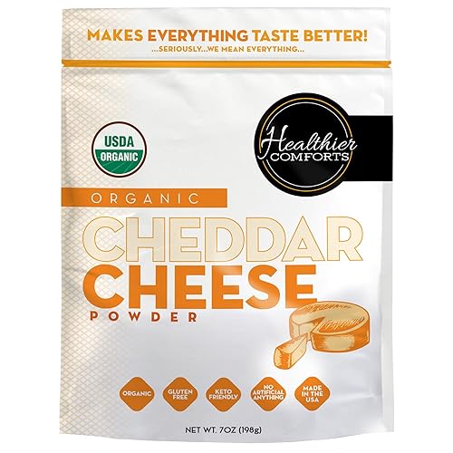 Healthier Comforts Queso cheddar orgánico en polvo sin gluten kosher apto para dieta cetogénica sin OMG antibióticos y sin hormonas perfecto para