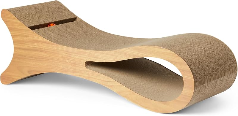 Ansamblu de zgâriat pentru pisici Amazon Basics în formă de pat, din carton ondulat, cu minge interactivă și iarbă mâței, certificat FSC, 87,1 x 30 x 30 cm, culoarea lemnului
