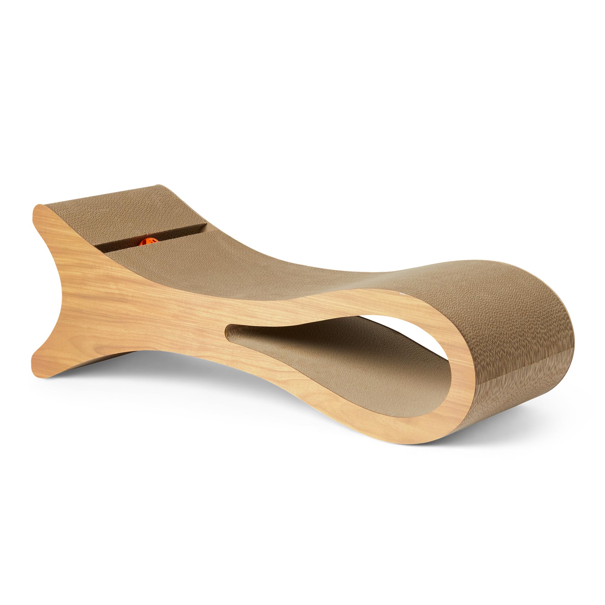 Amazon Basics Cat Scratcher Lounge Bed for Indoor Cats Bed Shaped Cat Scratching Post Corrugated Cardboard Pad with Interactive Ball Toy & Catnip, FSC-Certified, 87.1 cm x 30 cm x 30 cm, Wooden Color