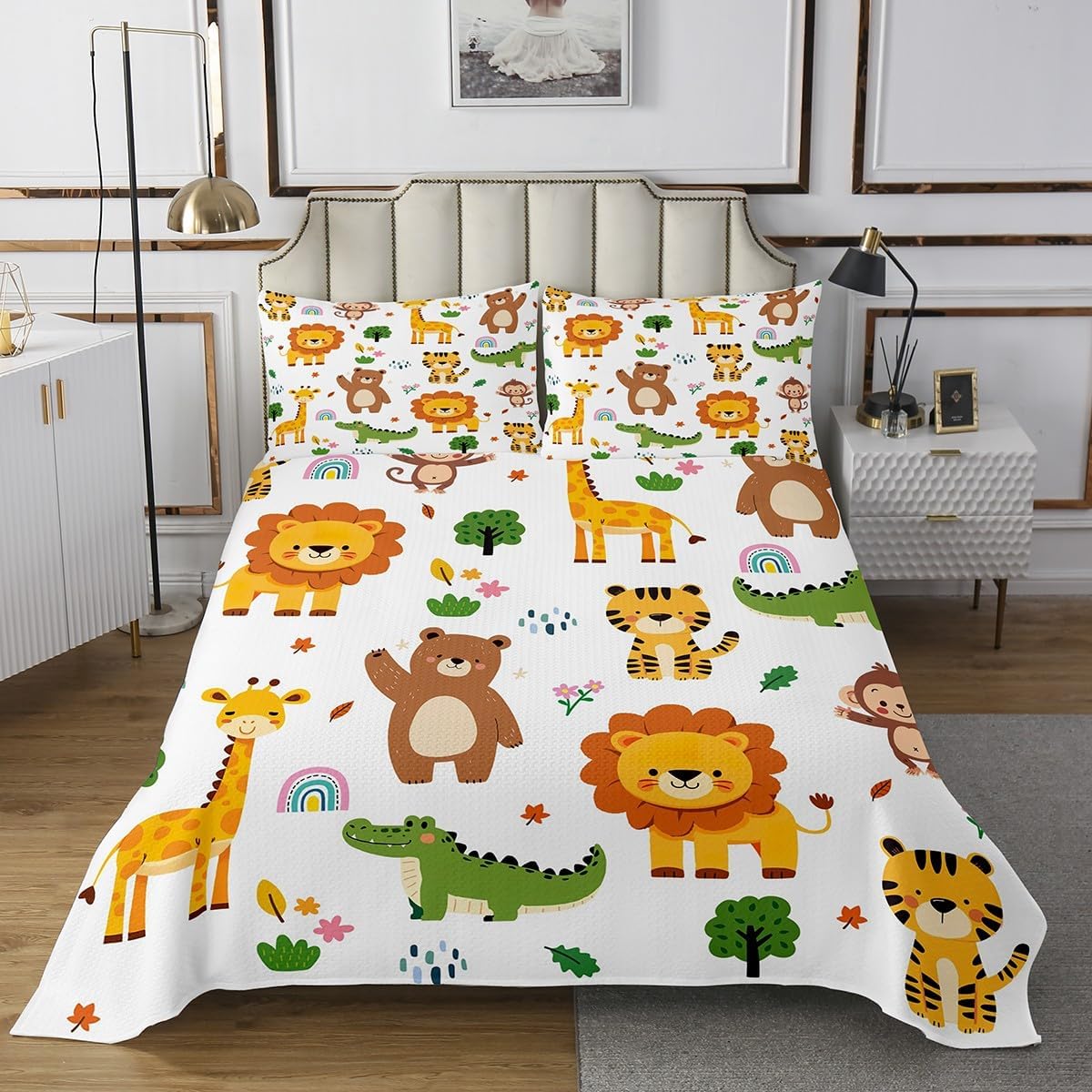 Kids Zoo Animal Bedspread Twin Size,Wild Animals Bedding Set for Girls Boys Teens Room Decor,Safari Lion Comforter Set Cartoon Crocodile Giraffe Quilt Coverlet,1 Pillowcase