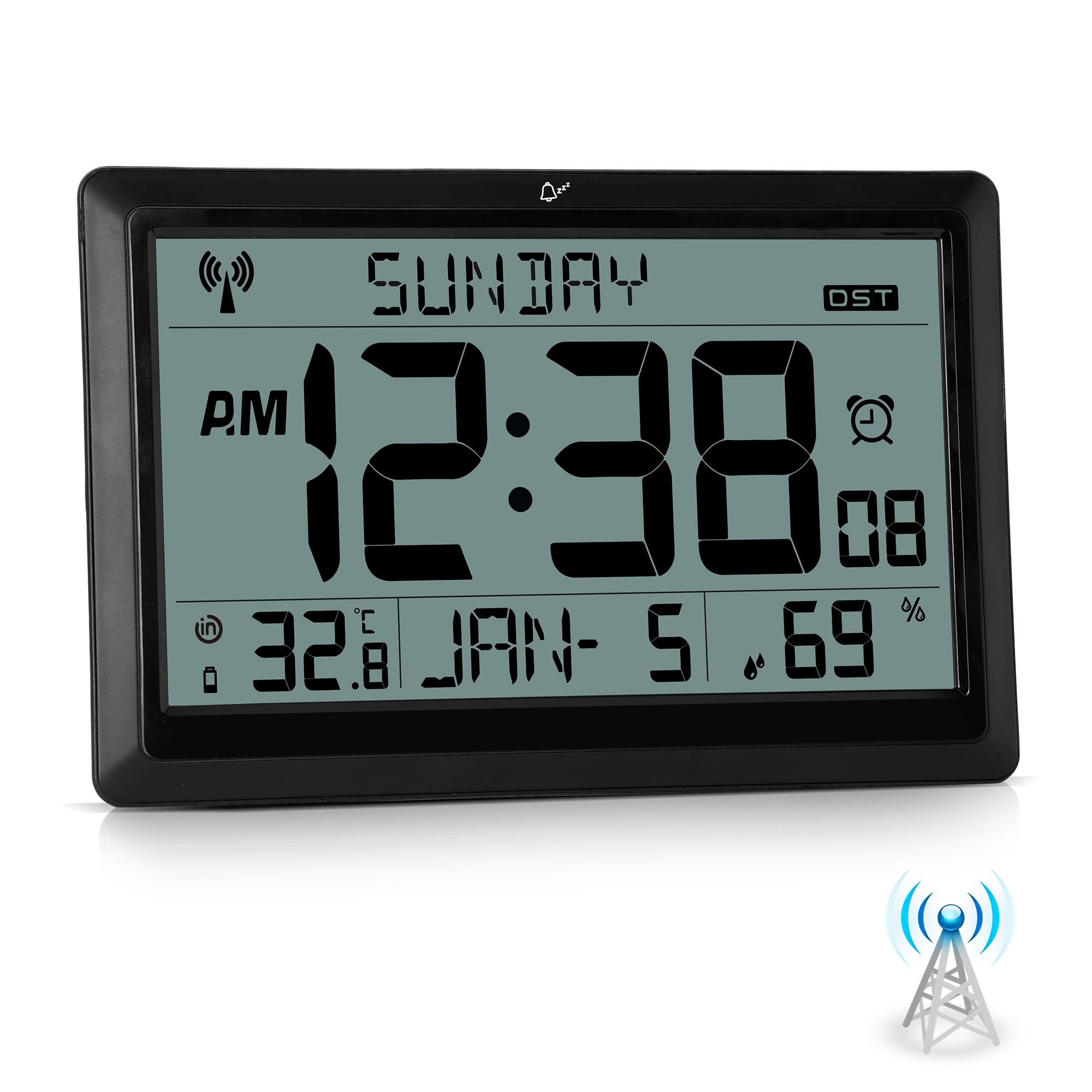 Sukeen Radio reloj de pared, Reloj de pared Digital LCD de 10,6" con pilas, Reloj digital con radio reloj con temperatura, humedad, despertador, horario de verano para el hogar, cocina,oficina,escuela
