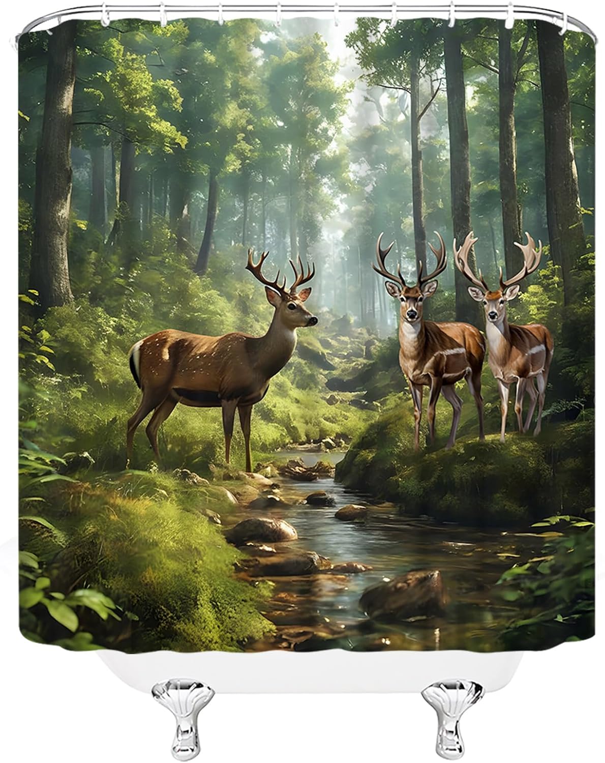 GCTNBJL Forest Animal Shower Curtain Deer Moose Tree Jungle Cabin Wildlife Rustic Nature Scenery Green Brown Extra Long Bathroom Home Curtain with Hooks,70" Wx78 H