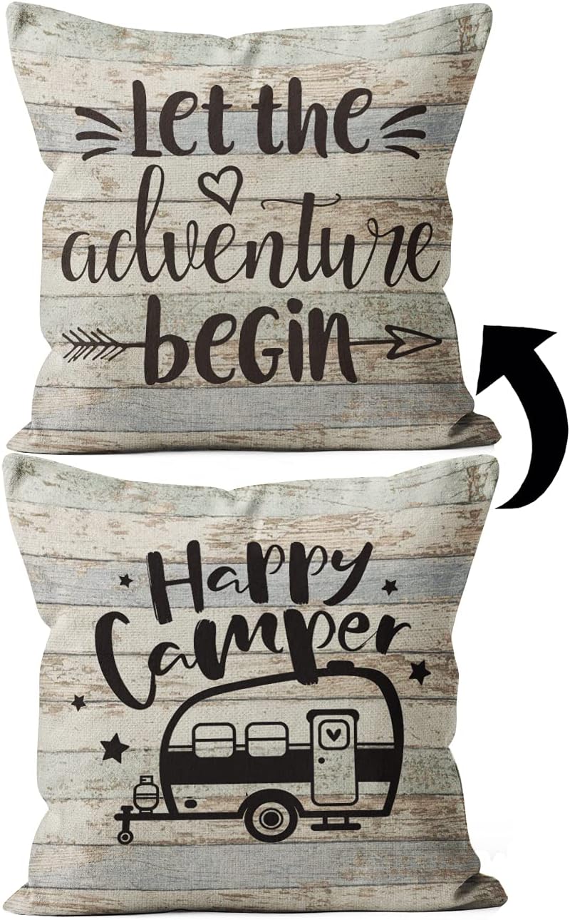 Happy Camper Pillow Covers - Two-Sided Printing Linen Pillow Cover 18x18, Camper Decorations for Inside, RV Gifts