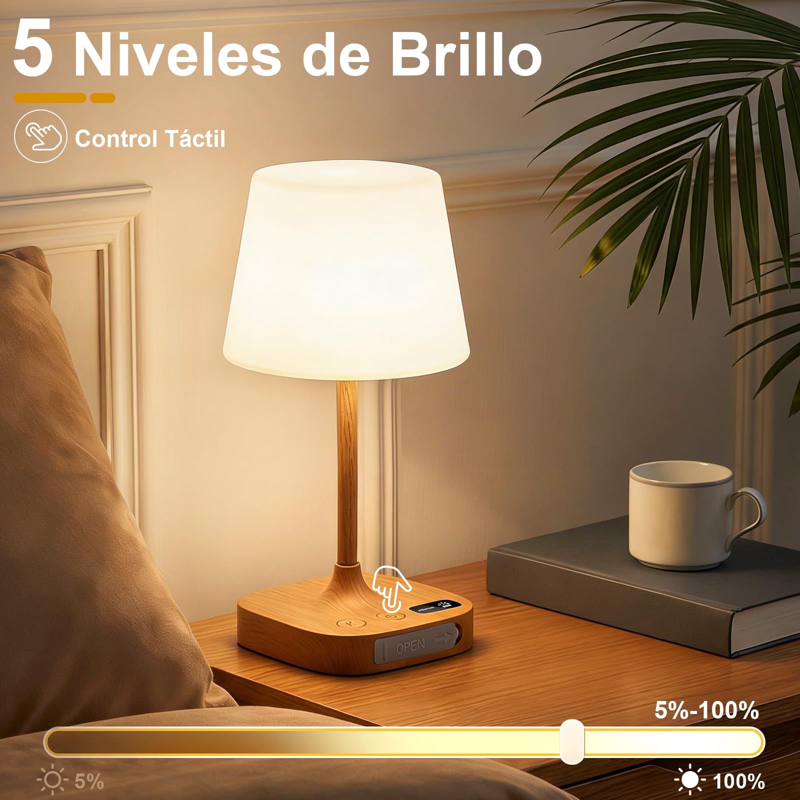 2 Piezas Lamparas Mesita de Noche Inalambrica con Puertos de Carga USB | Lamparas Sin Cables LED Táctil Recargable, Luz LED Ajustable con 3 Temperaturas de Color & Memoria para Dormitorio, Salón
