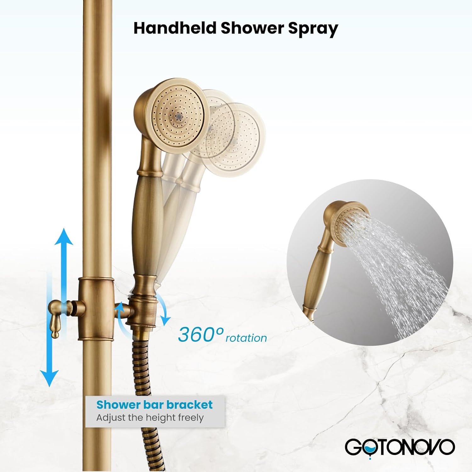 gotonovo Exposed Bathroom Tub Shower Faucet Set with Shower Shelf 8 inch Rainfall Shower Head with Handheld Spray with Tub Spout Shower System 3 Function Wall Mounted Antique Brass Double Lever Handle