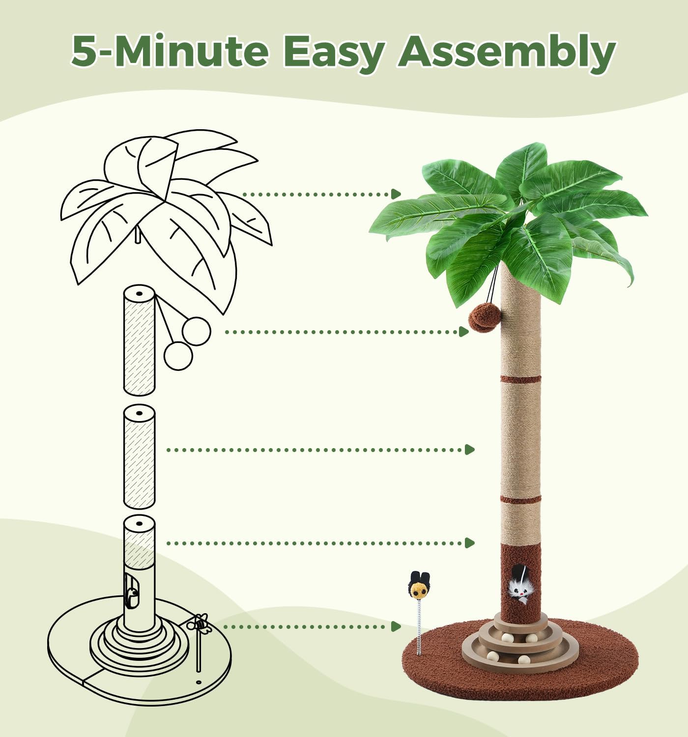 Made4Pets 42" Tall Cat Scratching Post with Sisal Rope, Interactive Hanging Balls, Toy Mouse and Two-Layer Ball Track Cat Toys, Palm Tree Cat Scratcher Tower for Indoor Cats and Kittens