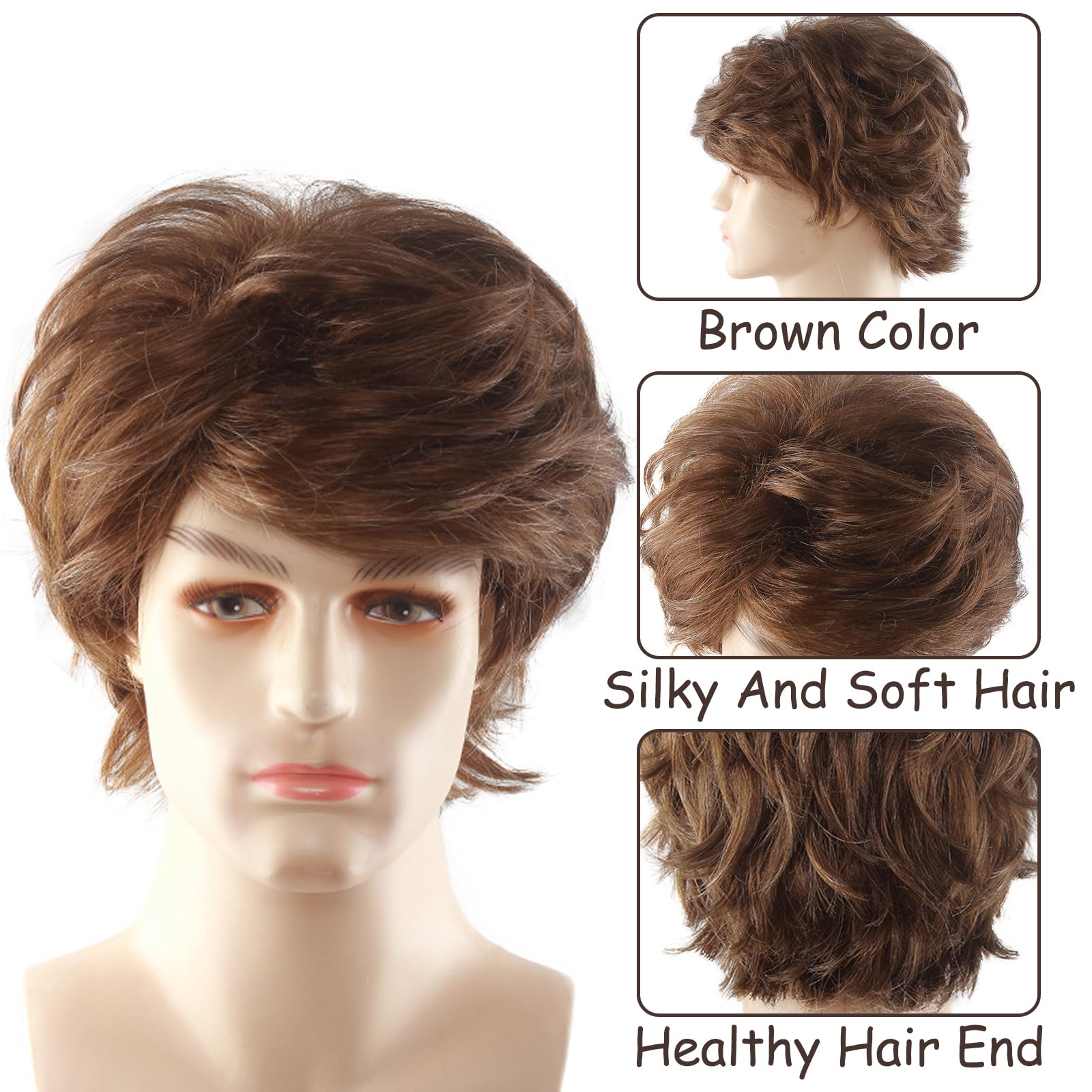 Men's Brown Wig,Boy Band wig,Mens Wig for Adult,Mens Synthetic Wigs,Short Men Hair Accessory for Party 60s 70s and 80s Fancy Dress Adult,Natural Halloween Cosplay Hair - Image 2
