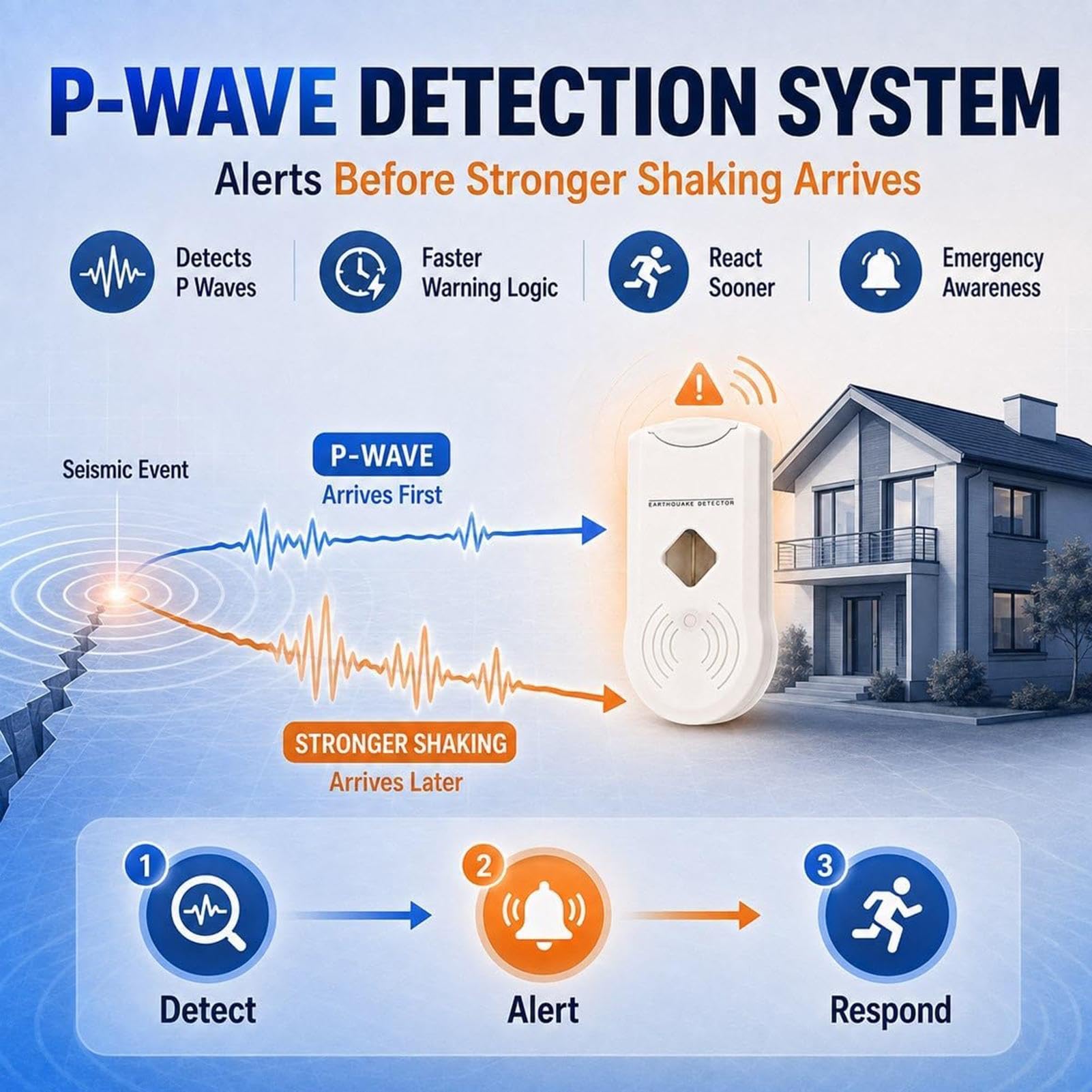 Rilevatore di Sicurezza per Casa Sensore d'Allarme a Onda P da Parete