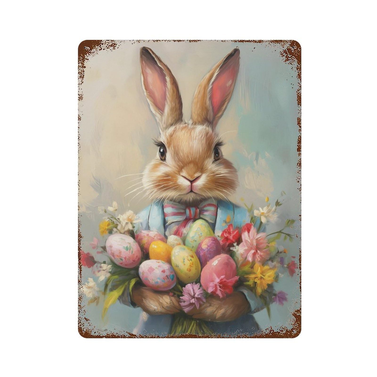 Distressed Metal Wall Sign with Easter Bunny with Eggs And Flowers Design 15.7"x11.8", for Cafe, Home Bar And Lounge Decor, Retro Wall Decor