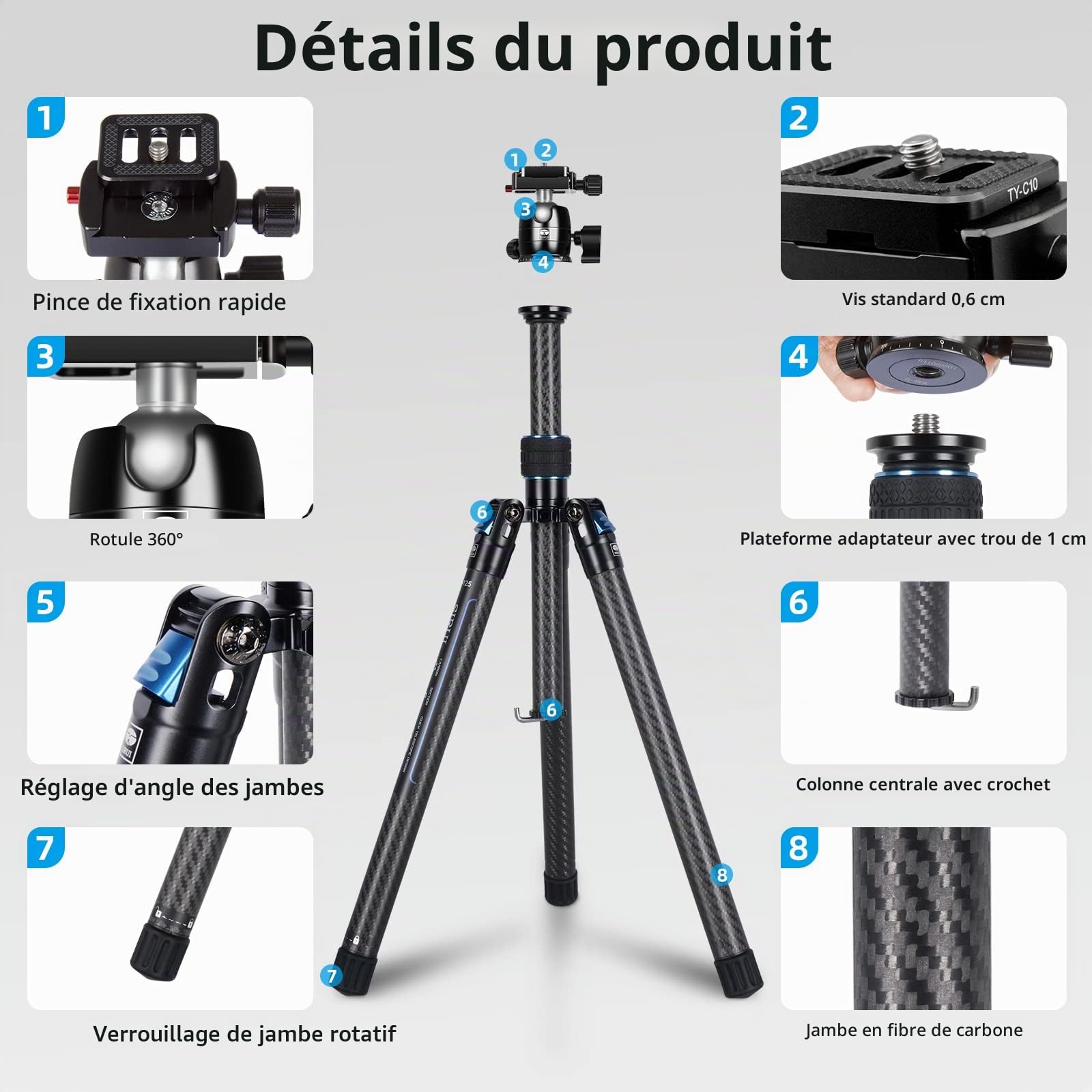 SIRUI Trépied en Fibre de Carbone avec Rotule Panoramique B-00K, 59.8'' Trépied de Voyage Compact, Jambes Pliables à l'envers à Déclenchement Rapide, Colonne Centrale Réversible, Charge Max 22lbs.