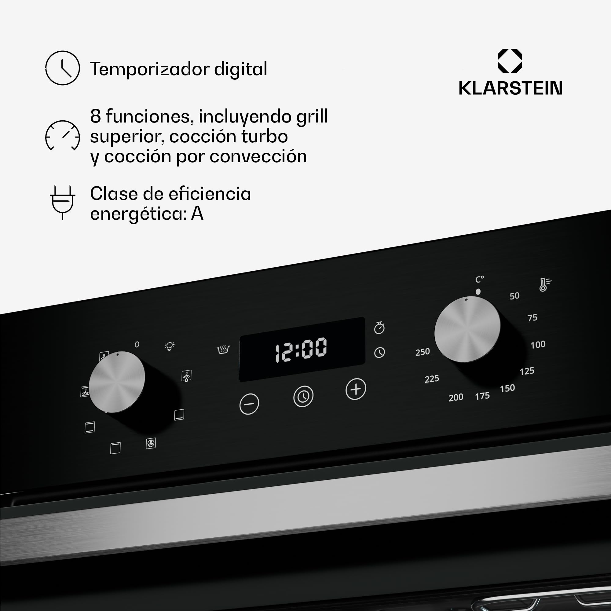 Klarstein SpaceSmart - Horno empotrable (41 L, 8 funciones, temporizador digital, limpieza al vapor, puerta extraíble, clase energética A, diseño compacto