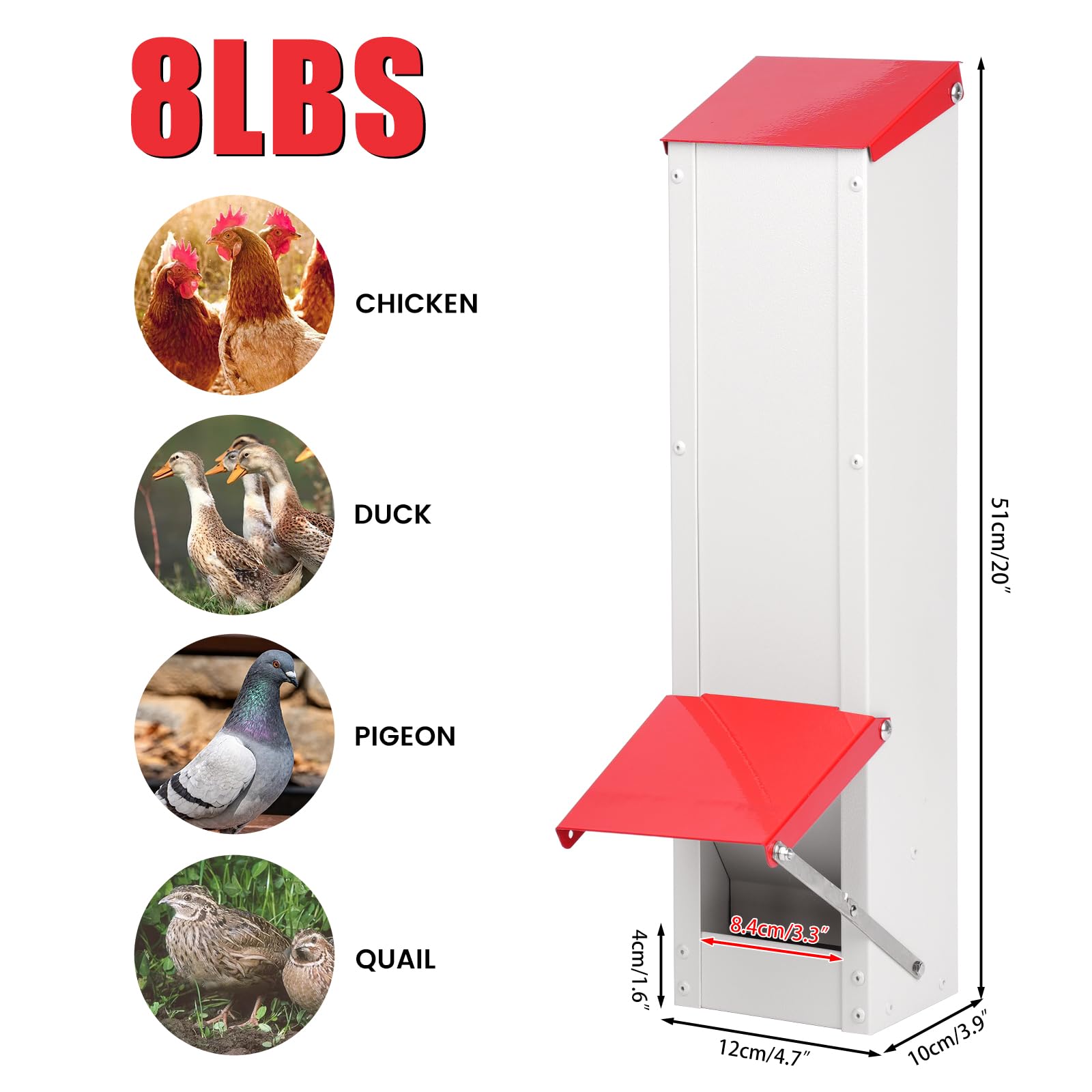 Comedero de pollo galvanizado para colgar pollos, alimentador automático de metal, dispensador de alimentación para pollos, comedero para aves de corral con tapa, soporta 8 libras para pollos