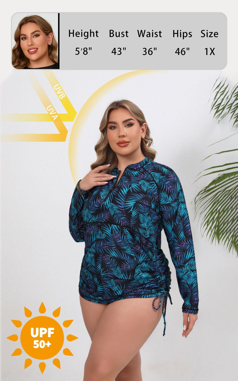 Halcurt Rashguard für Damen, Übergröße, LSF 50+, Reißverschluss, Kordelzug, gerüschte Taschen