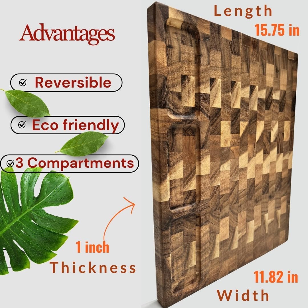 End Grain Walnut Wood Cutting Board with Juice Groove - 16x12 Kitchen Butcher Block with Compartments - Reversible Charcuterie Board for Meat and Cheese - Gift Box Included
