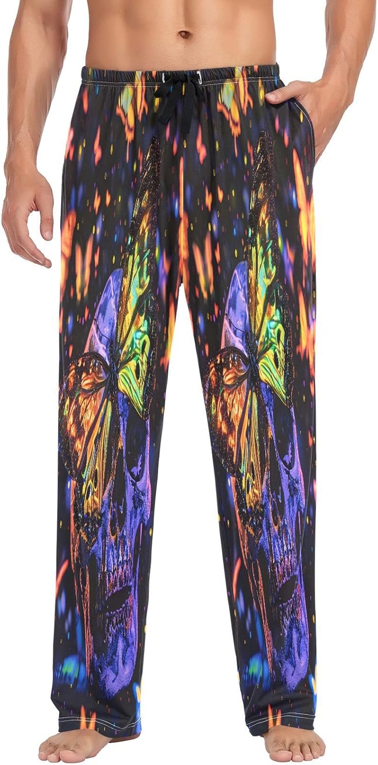 ALAZA Skull Betterflies Men's Pajama Pants Men Cotton Pajama Bottoms with Pockets, S
