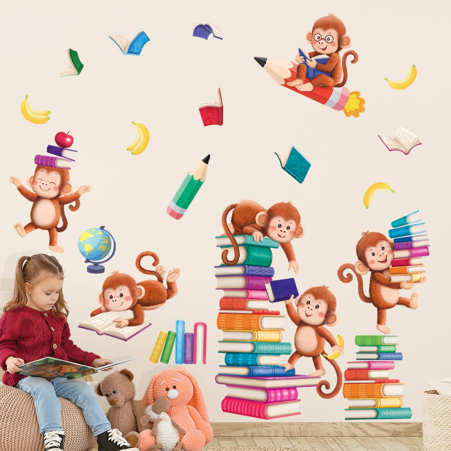DECOWALL SG2-2402 Books with Reading Monkey Wall Stickers Book Inspirational Decals Removable for Kids Baby Library Classroom Nursery School Bedroom Playroom Living Room décor