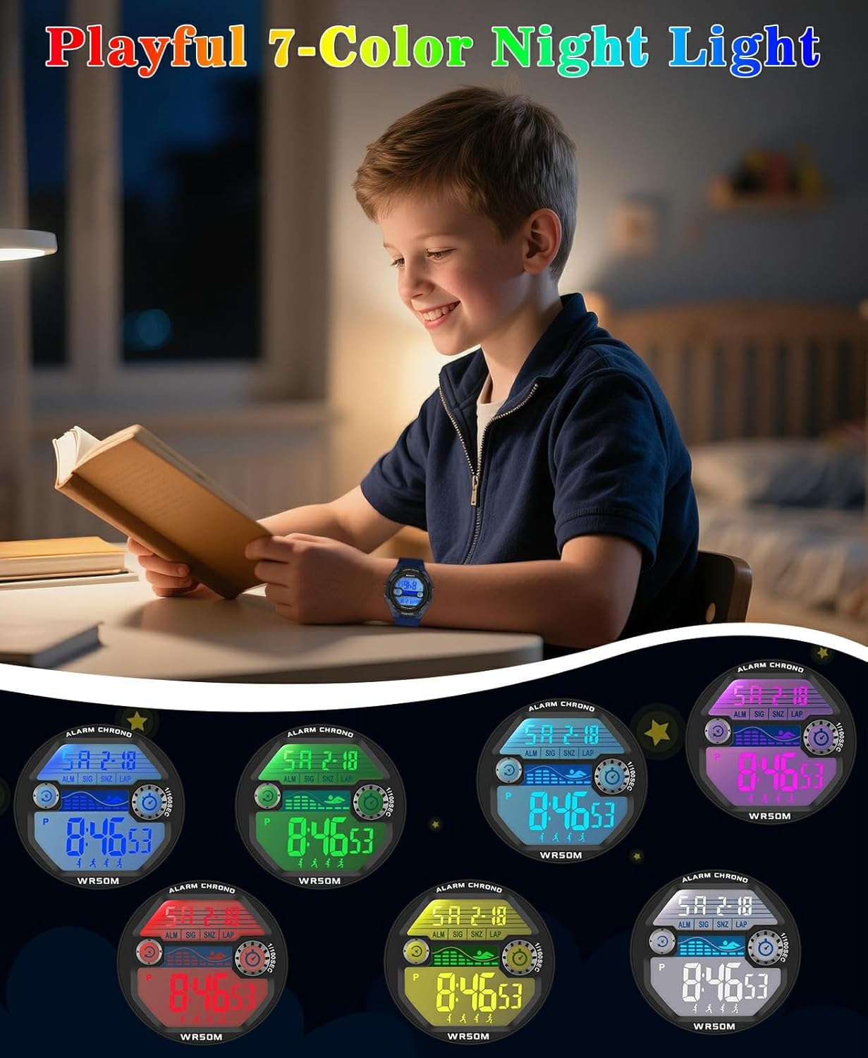 Kids Digital Watch for Boys Girls,2 Interchangeable Silicone Straps, 50M Waterproof & Shockproof Sports Watch with 7-Color LED Backlight, Alarm, Stopwatch, Calendar (Ages 5-18) - Image 6