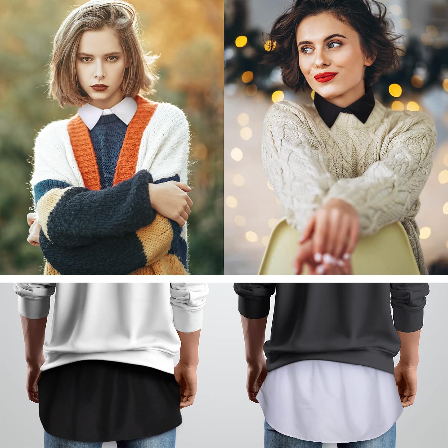 Crowye 4 Pcs Detachable Dickey Fake Collar and Shirt Extender for Women Layering Accessories for Sweaters Dresses Black White